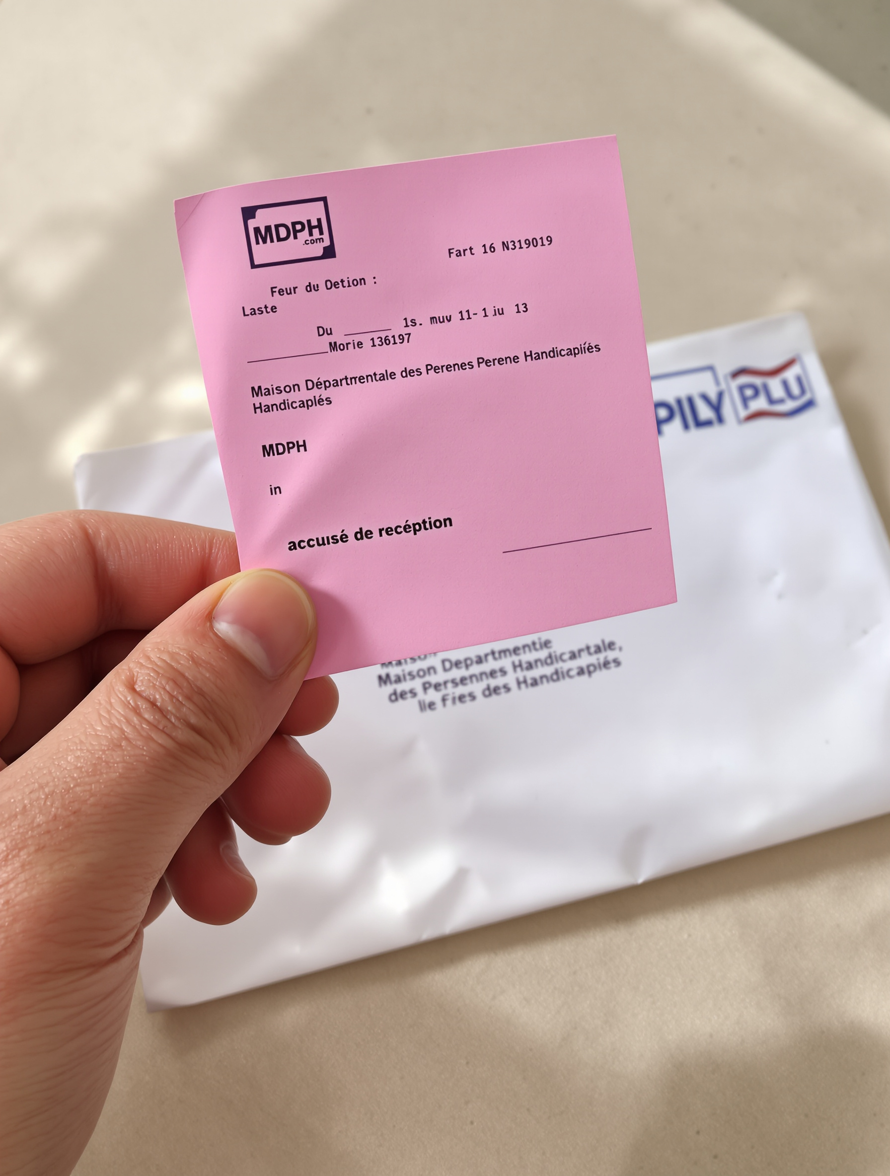 Accusé de réception de La Poste tenu en main devant une enveloppe adressée à la MDPH.