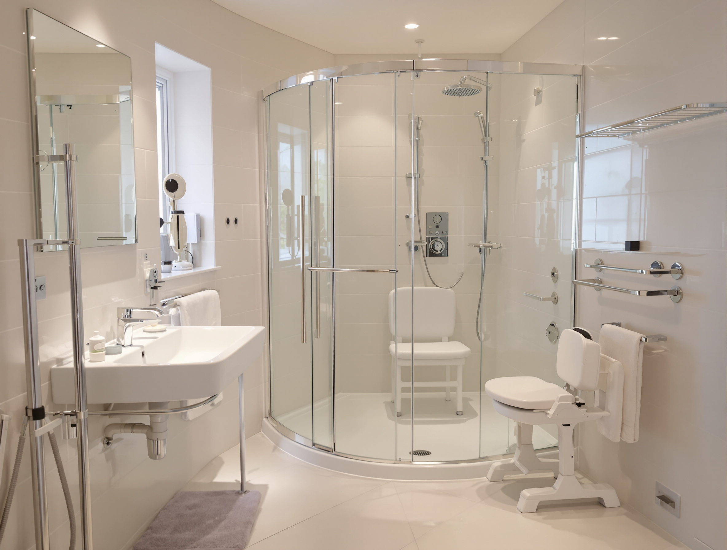 Salle de bain adaptée avec douche à l'italienne et barres d'appui – exemple concret d'aménagement facilitant pour l'aidant familial.