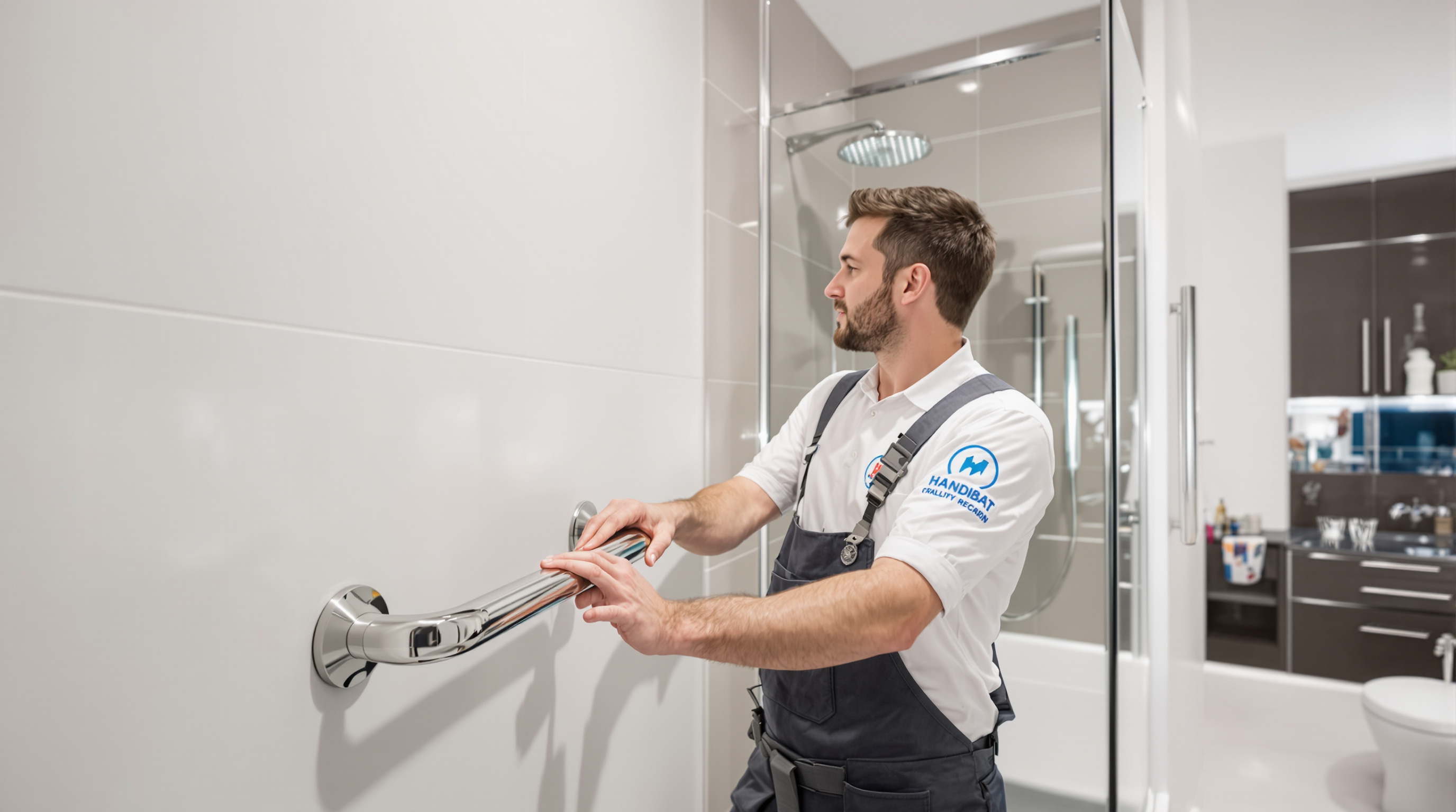 Artisan labellisé Handibat ou RGE installant une barre d'appui solide dans une salle de bain adaptée PMR