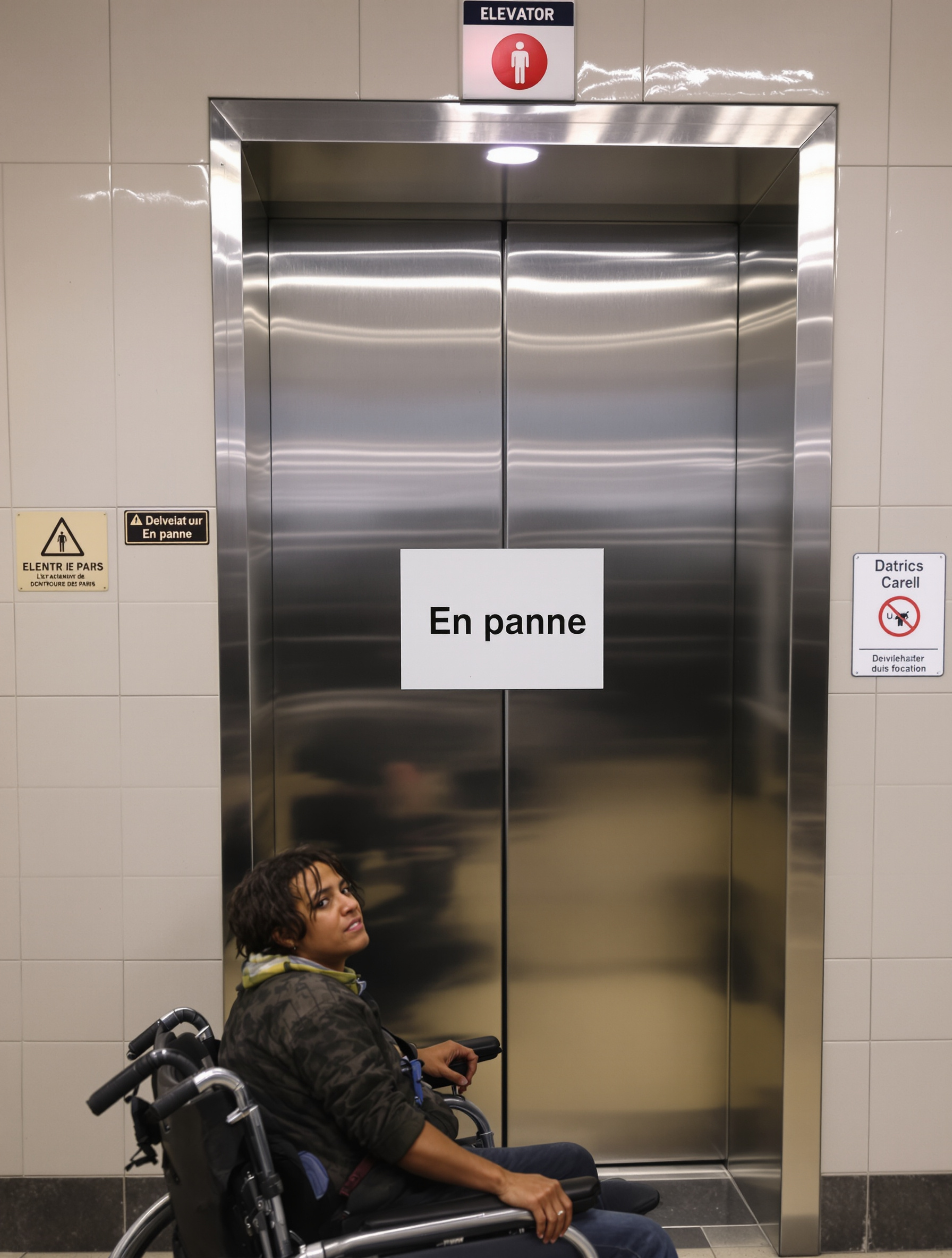 Ascenseur de métro en panne avec personne en fauteuil roulant devant, dépitée.