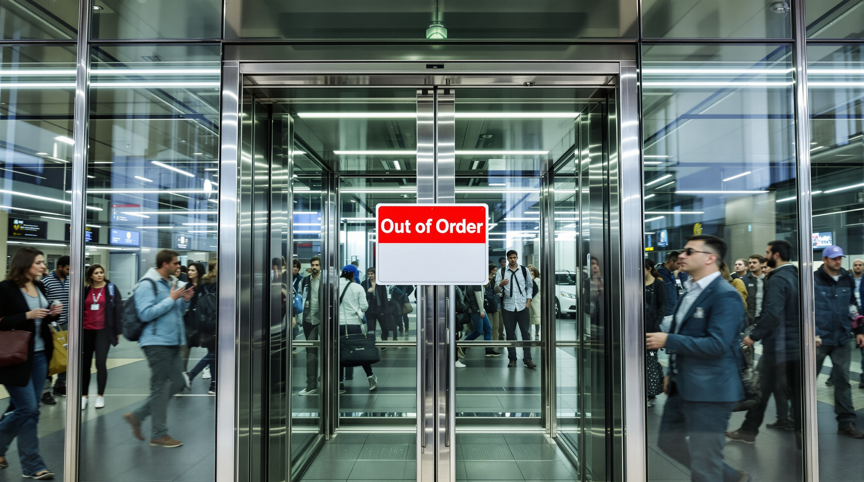 Ascenseur moderne en gare avec panneau 'Hors service', symbole de promesse non tenue