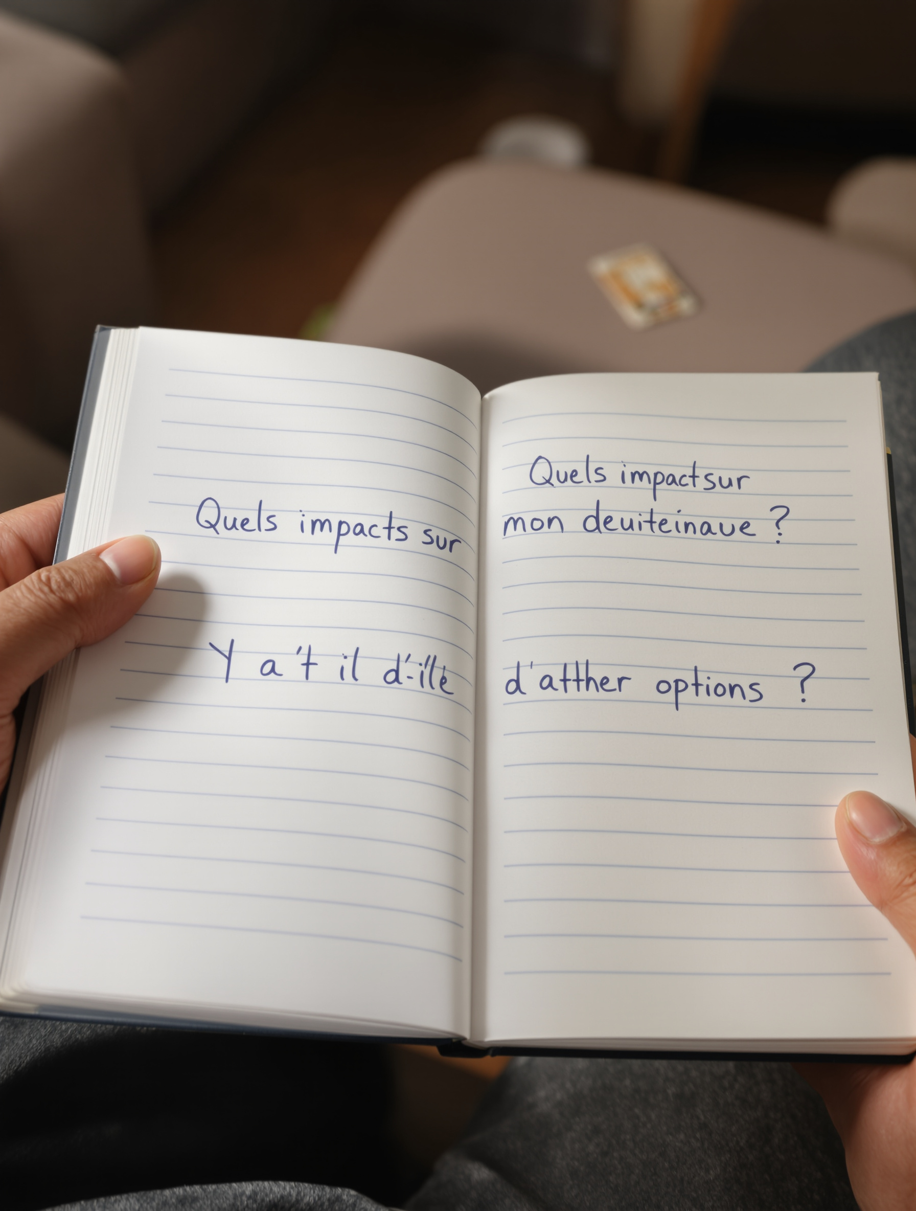 Une photo en plan serré sur un carnet de notes tenu par un patient avec des questions manuscrites comme 'Quels impacts sur mon quotidien ?' et 'Y a-t-il d'autres options ?'. L'image symbolise la préparation et la prise de contrôle.