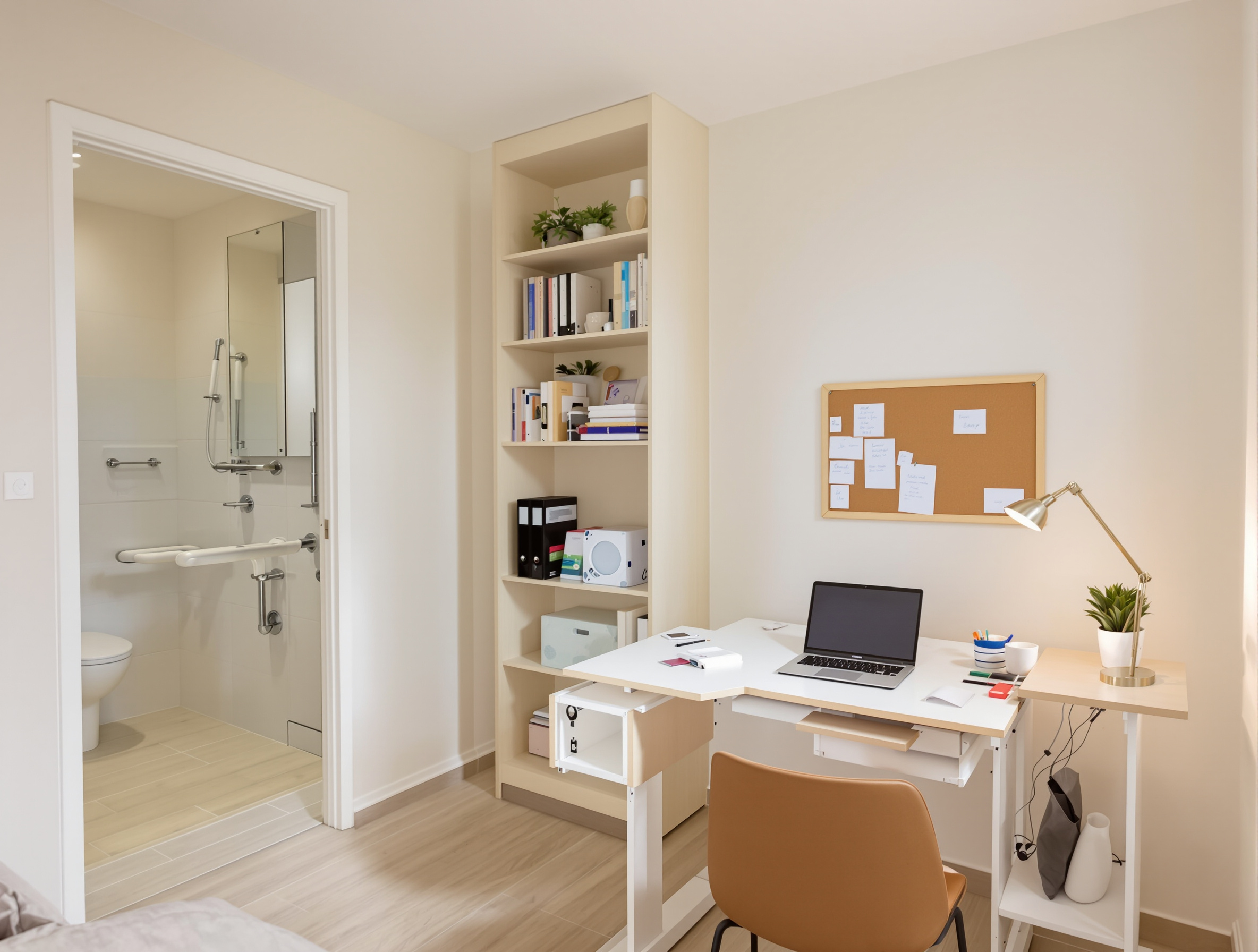 Une chambre étudiante adaptée en résidence CROUS, lumineuse et fonctionnelle. On y voit un bureau à hauteur variable et une salle d'eau accessible, illustrant un environnement propice à l'autonomie et aux études.