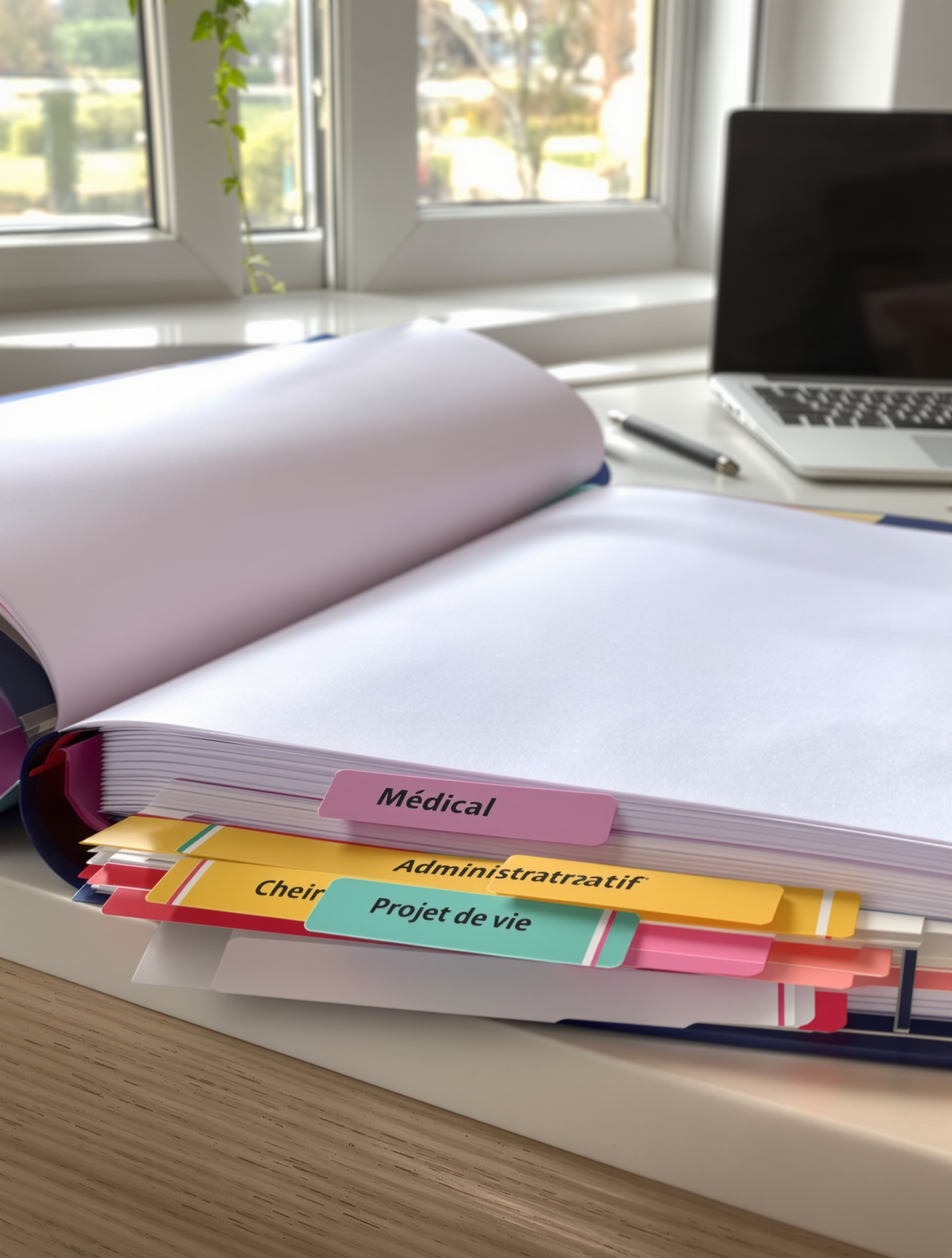 Classeur ouvert, organisé par intercalaires Médical, Administratif, Projet de vie.