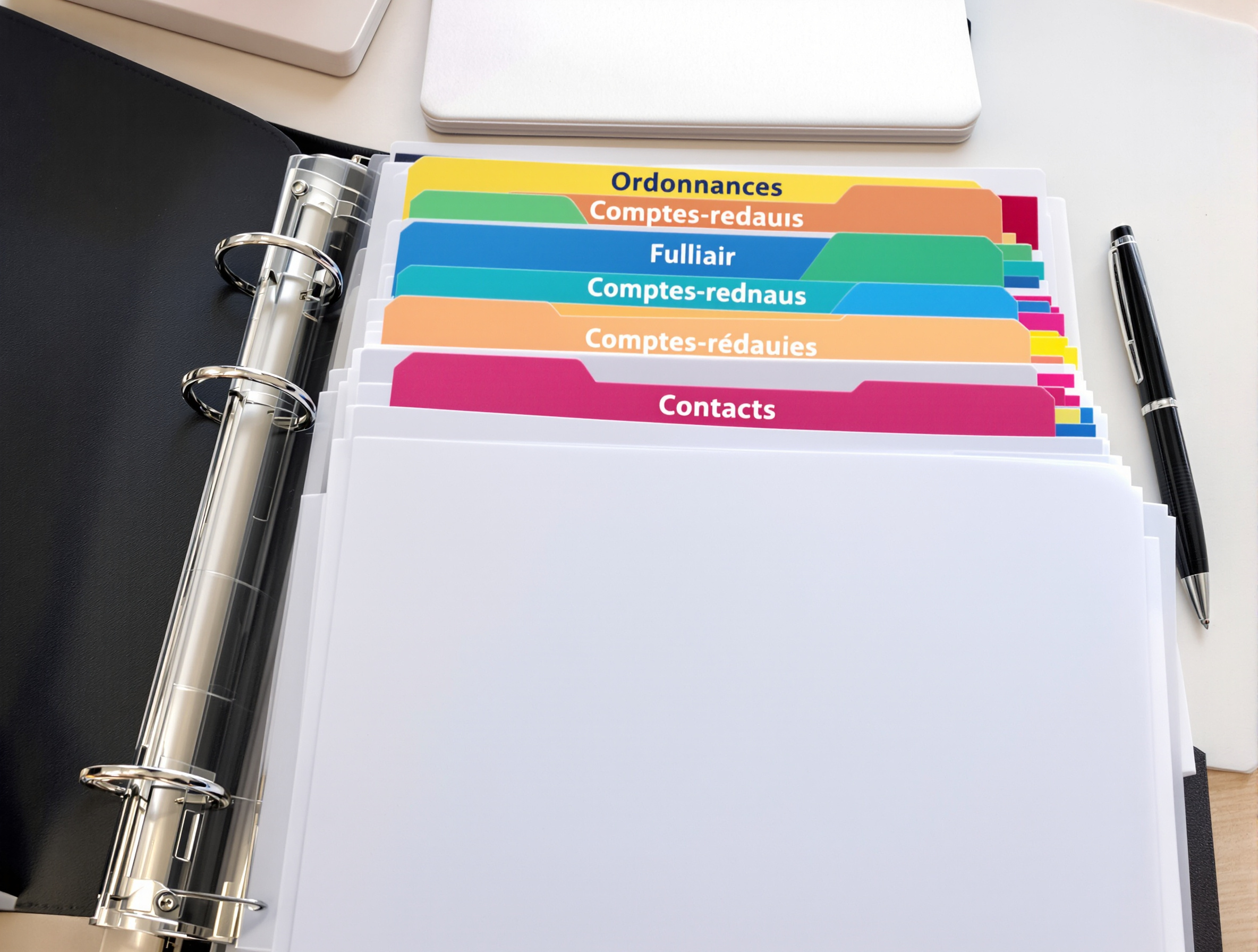 Classeur médical organisé avec intercalaires colorés et bloc-notes.