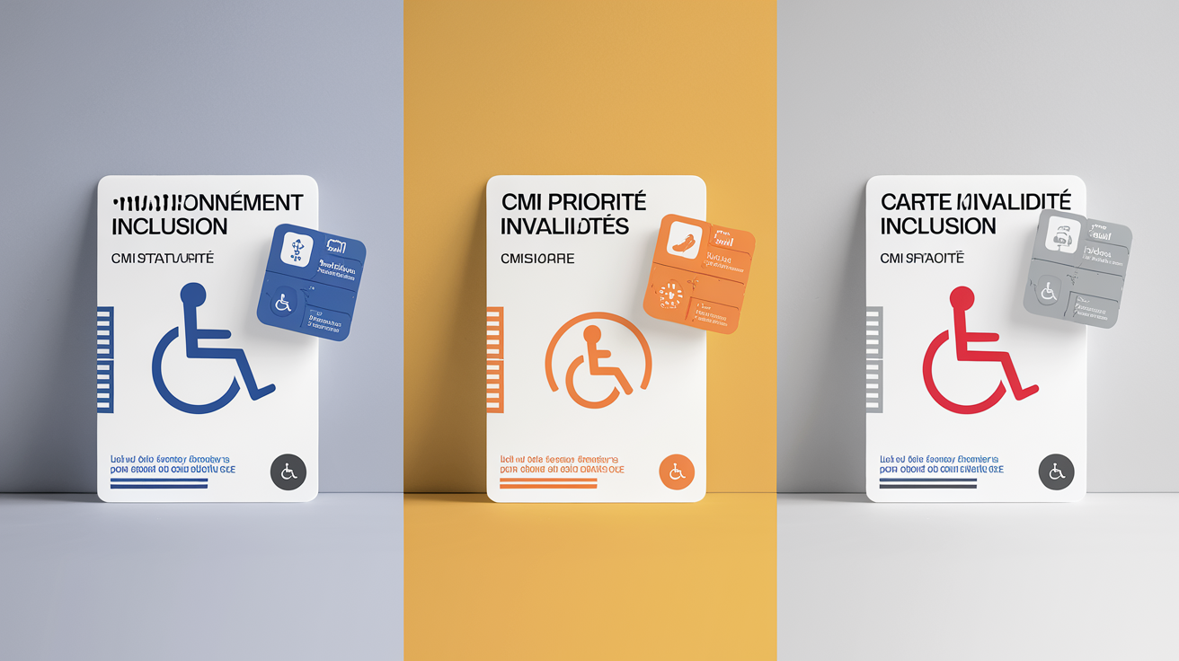 Comparaison visuelle des trois modèles de Carte Mobilité Inclusion : Stationnement, Priorité, Invalidité