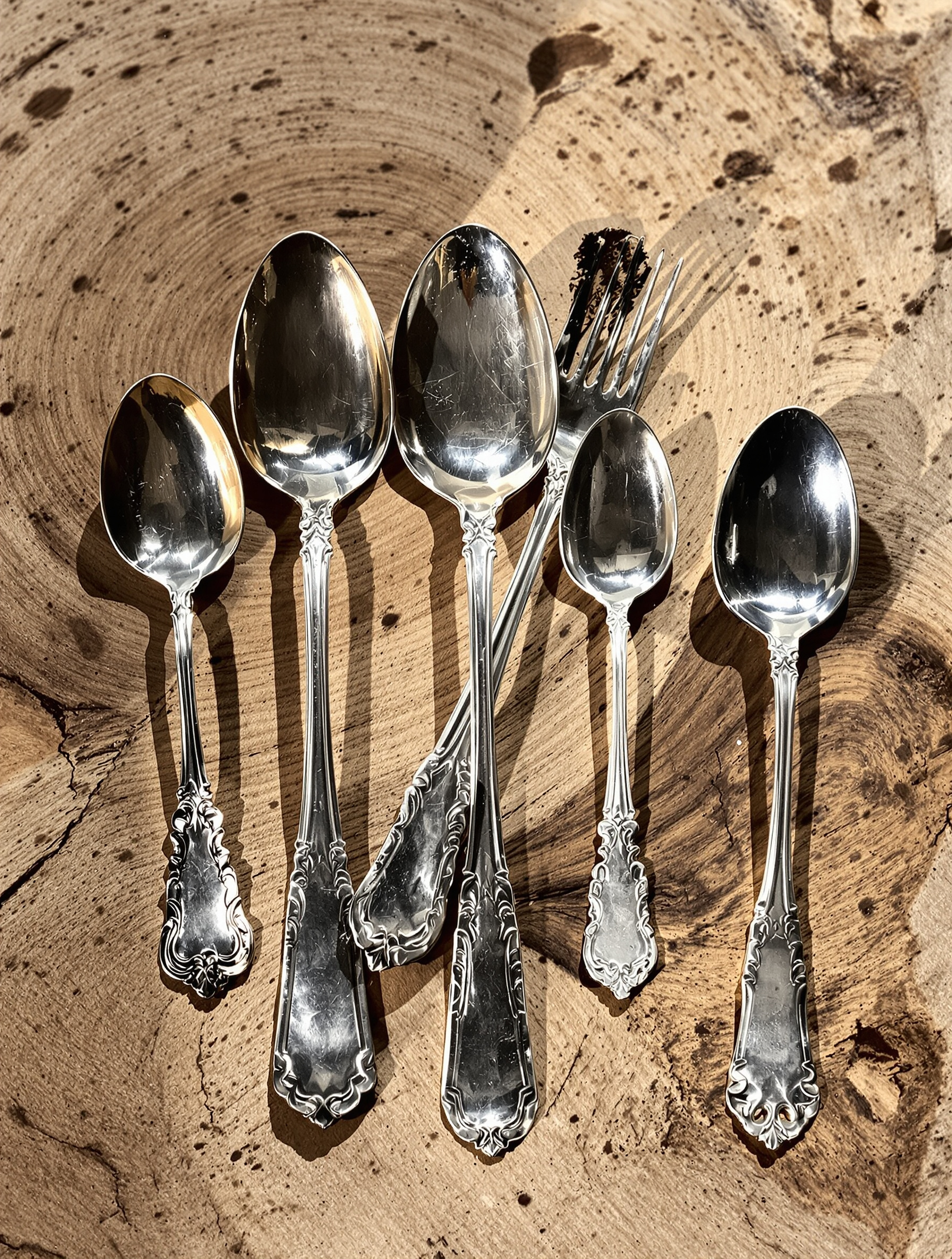 Collection de cuillères en argent de différentes tailles sur fond bois brut – illustration métaphore énergie finie.