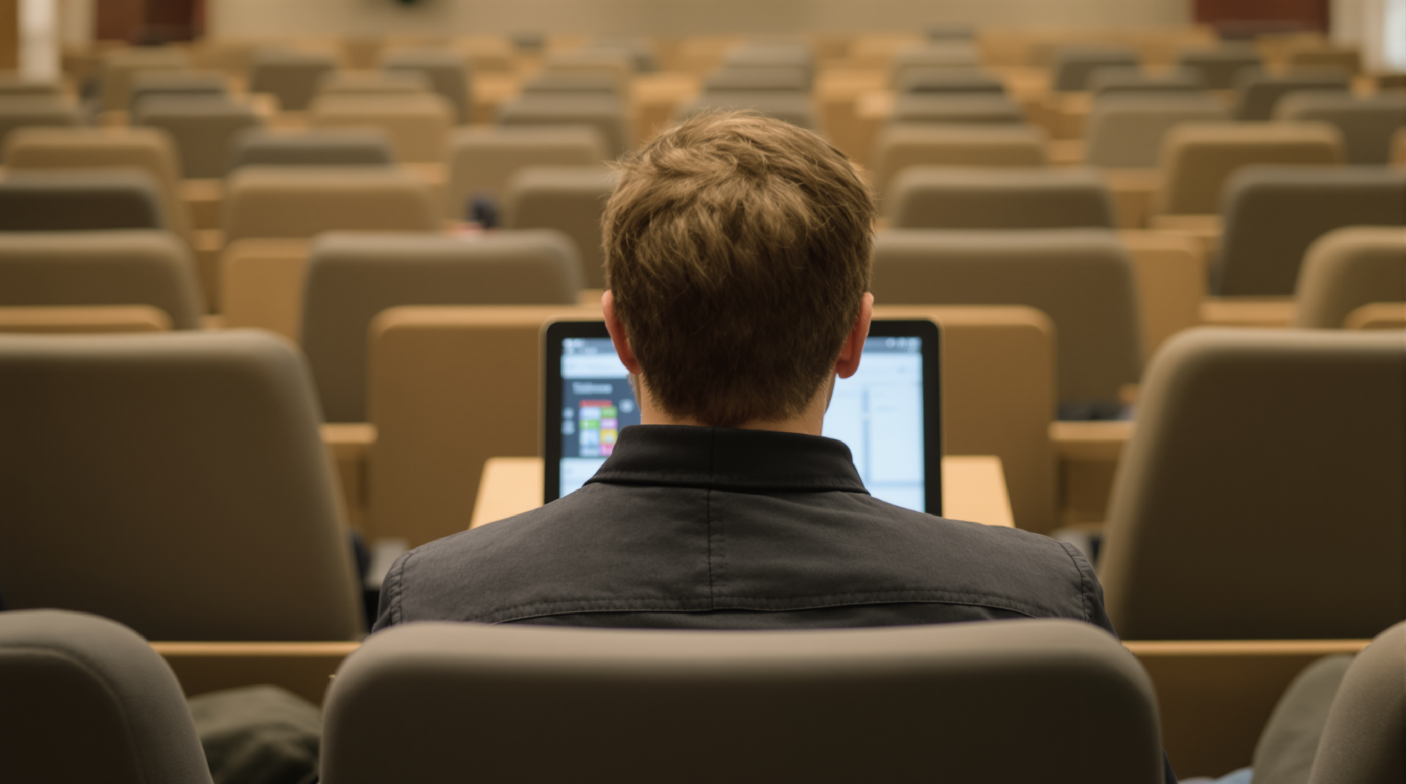 Un étudiant de dos dans un amphithéâtre utilise un ordinateur portable équipé d'un logiciel d'assistance.