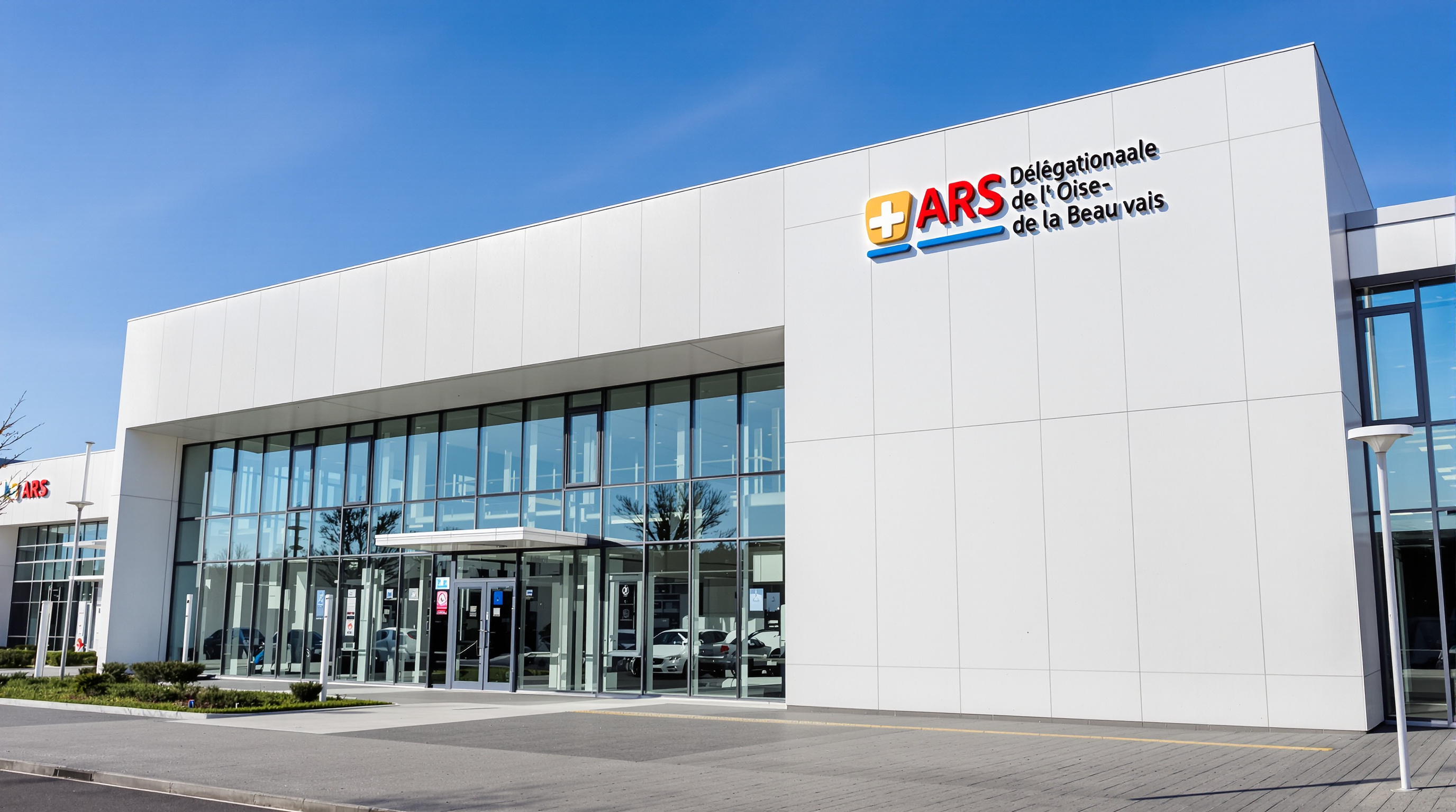 Façade de la Délégation départementale de l'Oise de l'ARS à Beauvais, un bâtiment moderne symbolisant le service public de santé en région.