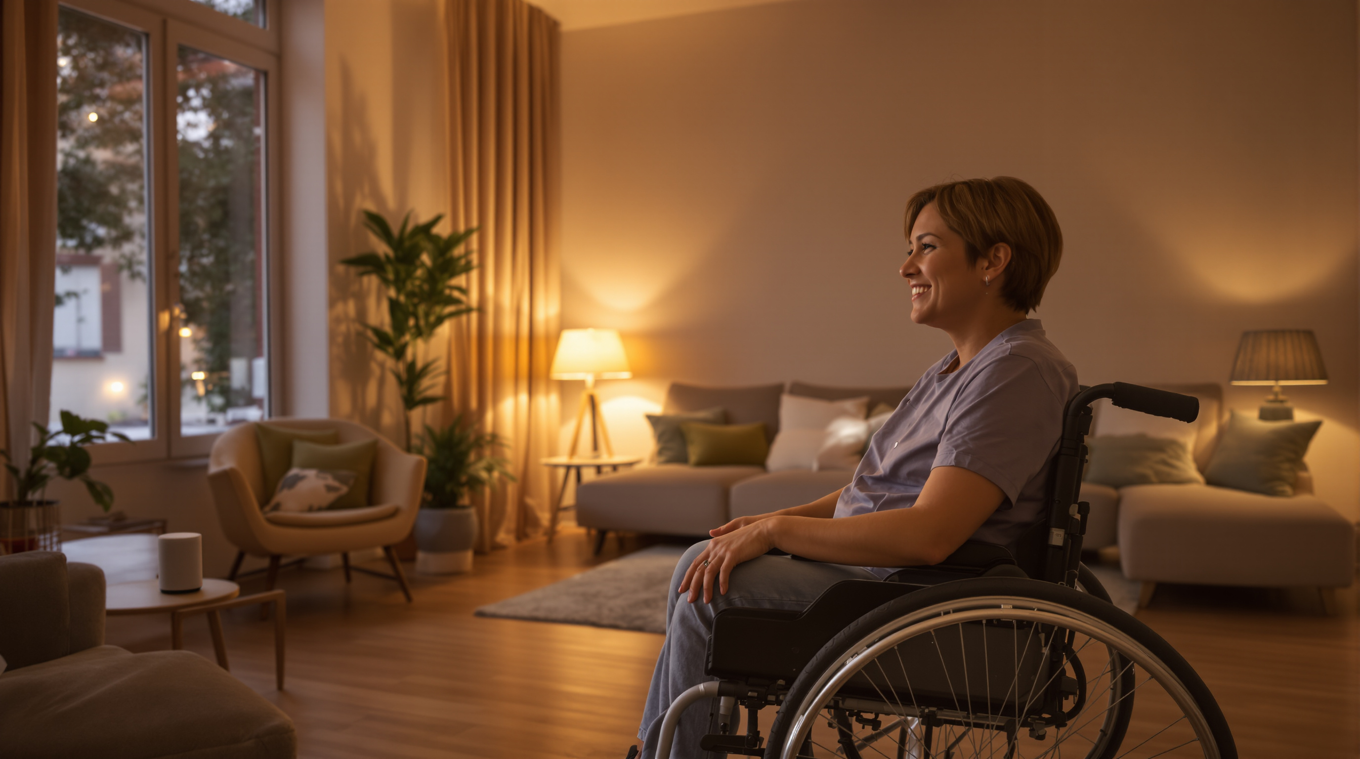 Personne en fauteuil roulant commandant vocalement l'éclairage dans son salon moderne