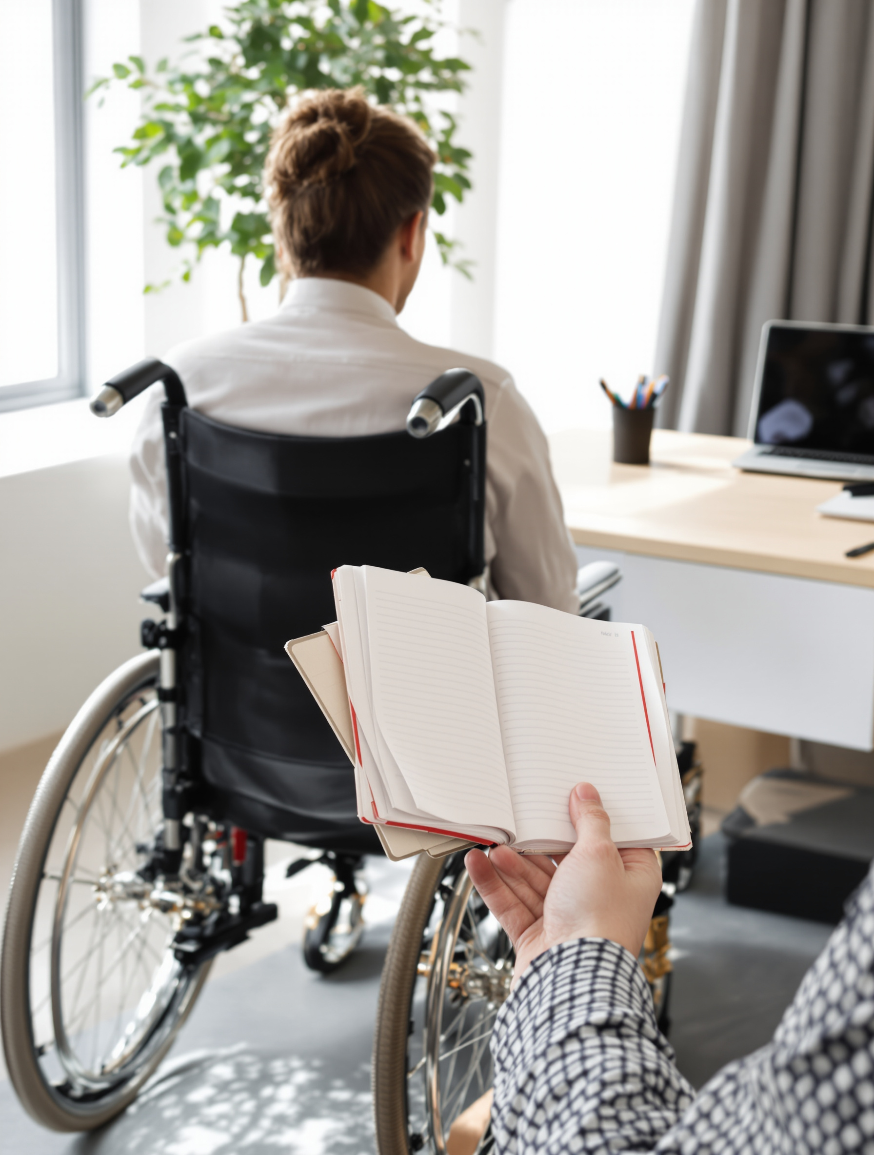 Personne en fauteuil roulant, de dos, carnet de notes à la main face à un bureau de consultation vide. Préparation et détermination.