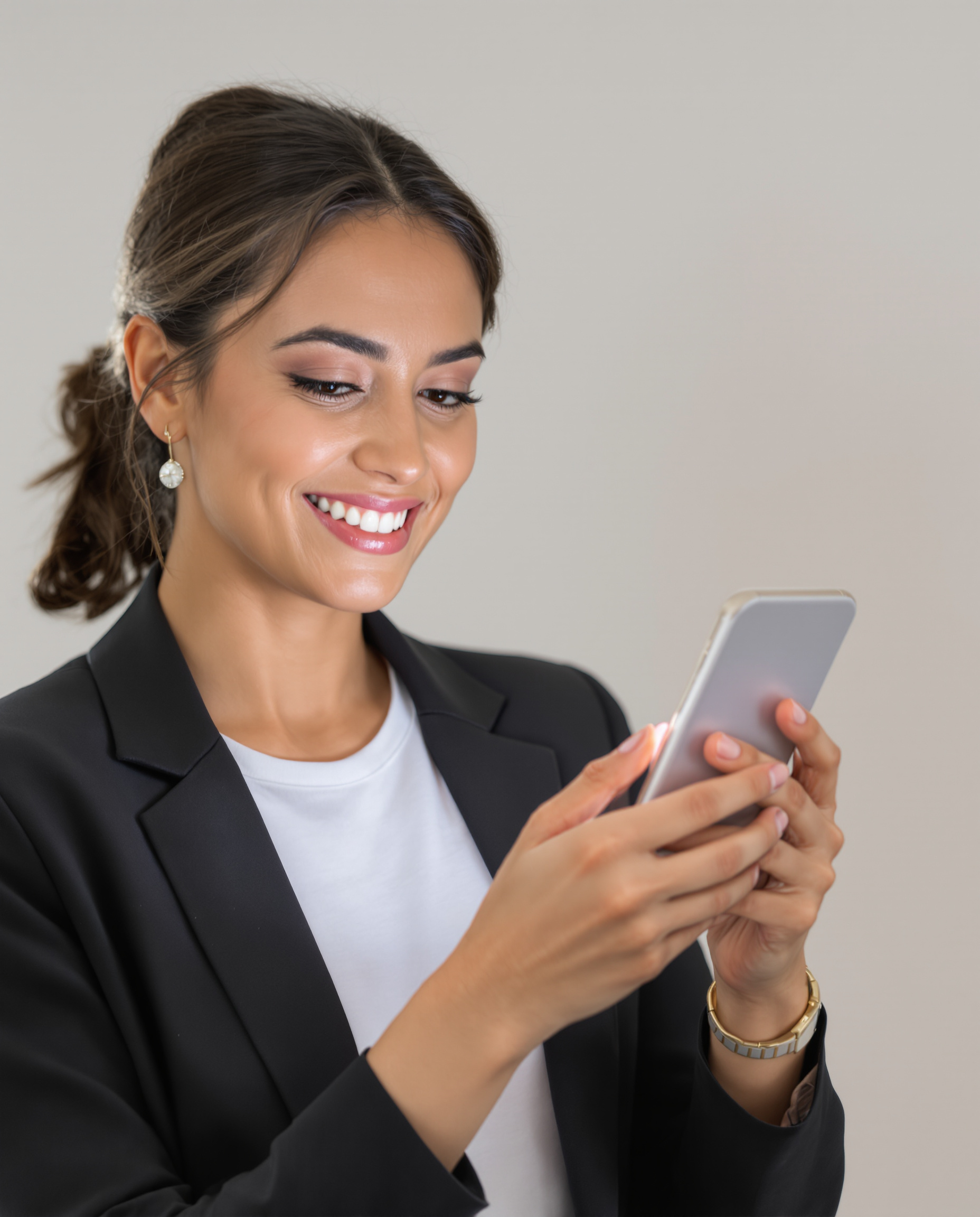 Une femme de 30 ans consulte une checklist santé sur son téléphone avec détermination.