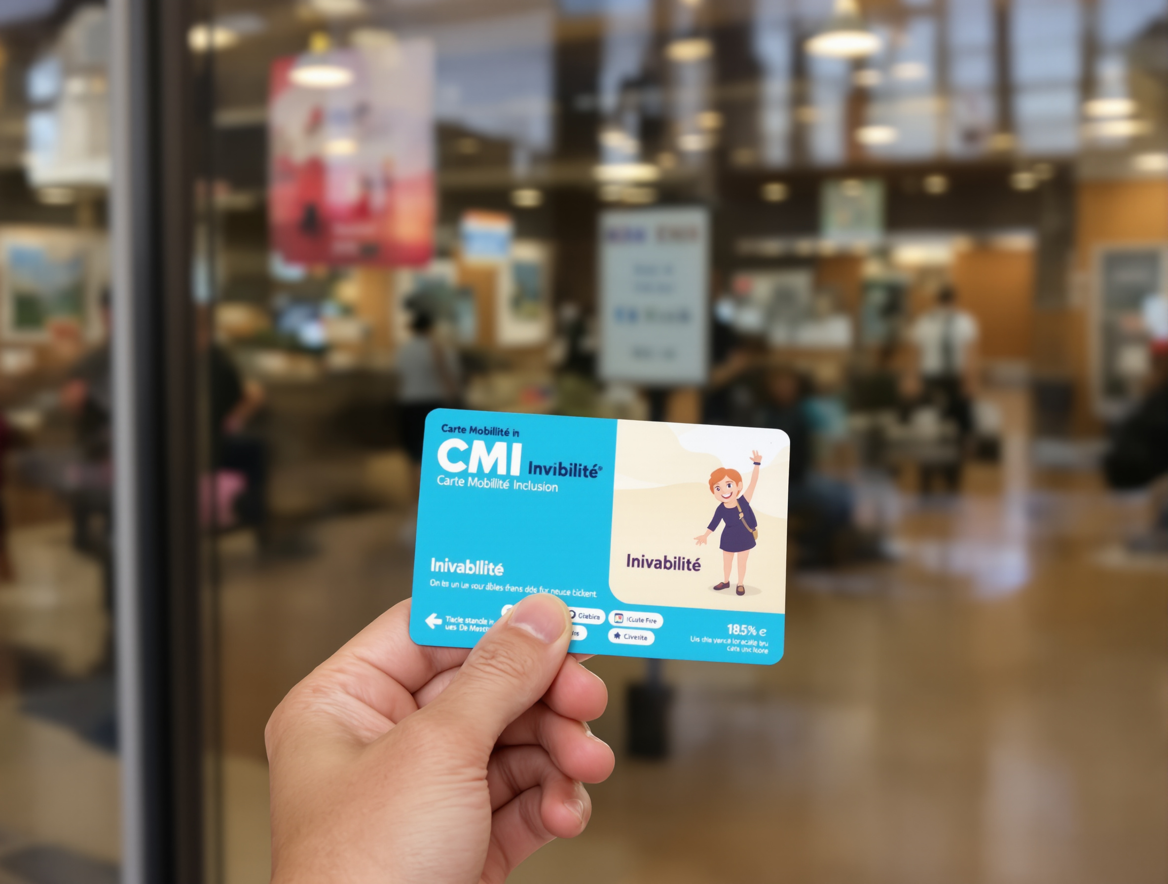 Gros plan sur une main présentant une Carte Mobilité Inclusion (CMI) devant un guichet culturel