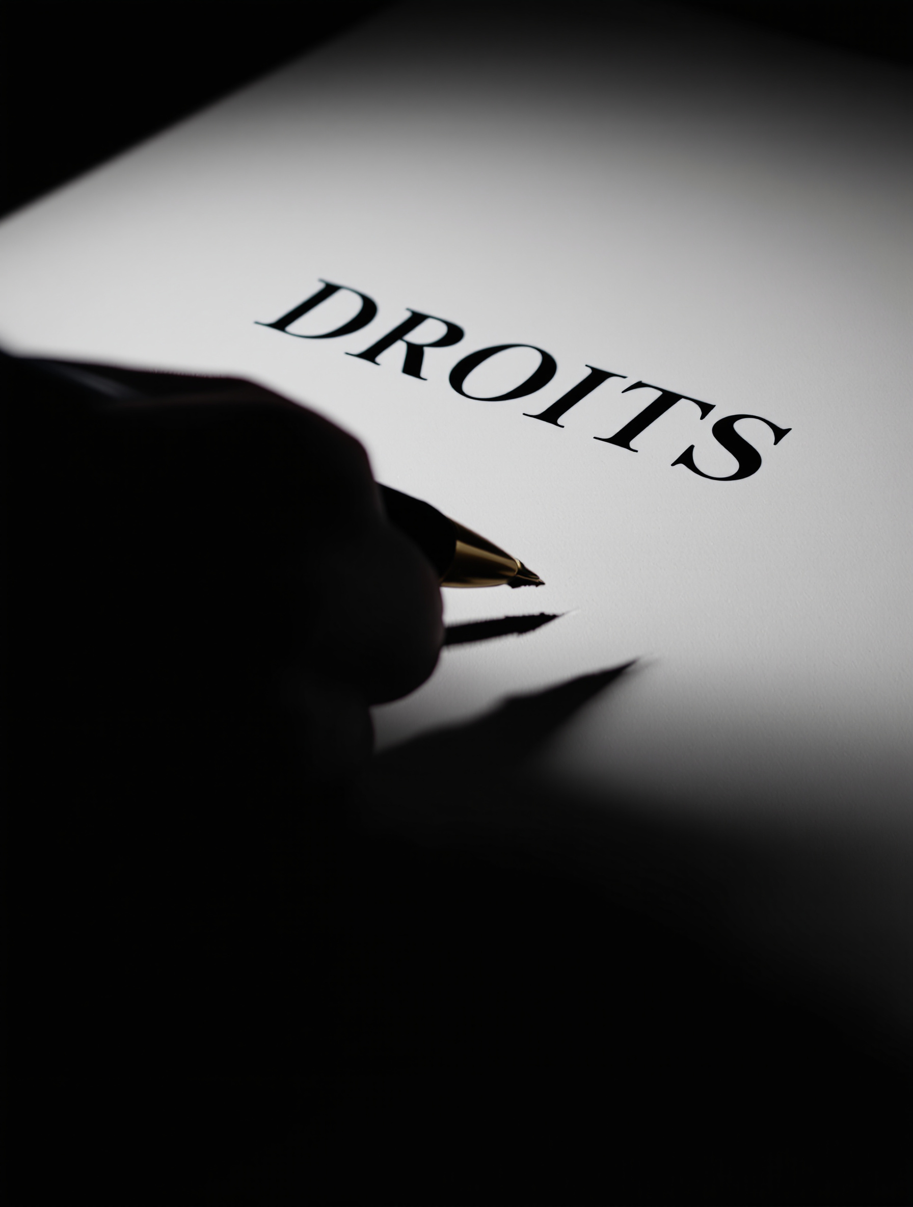 Gros plan sur une main tenant un stylo, prête à signer un document avec le mot 'DROITS' visible, symbolisant la défense des droits.