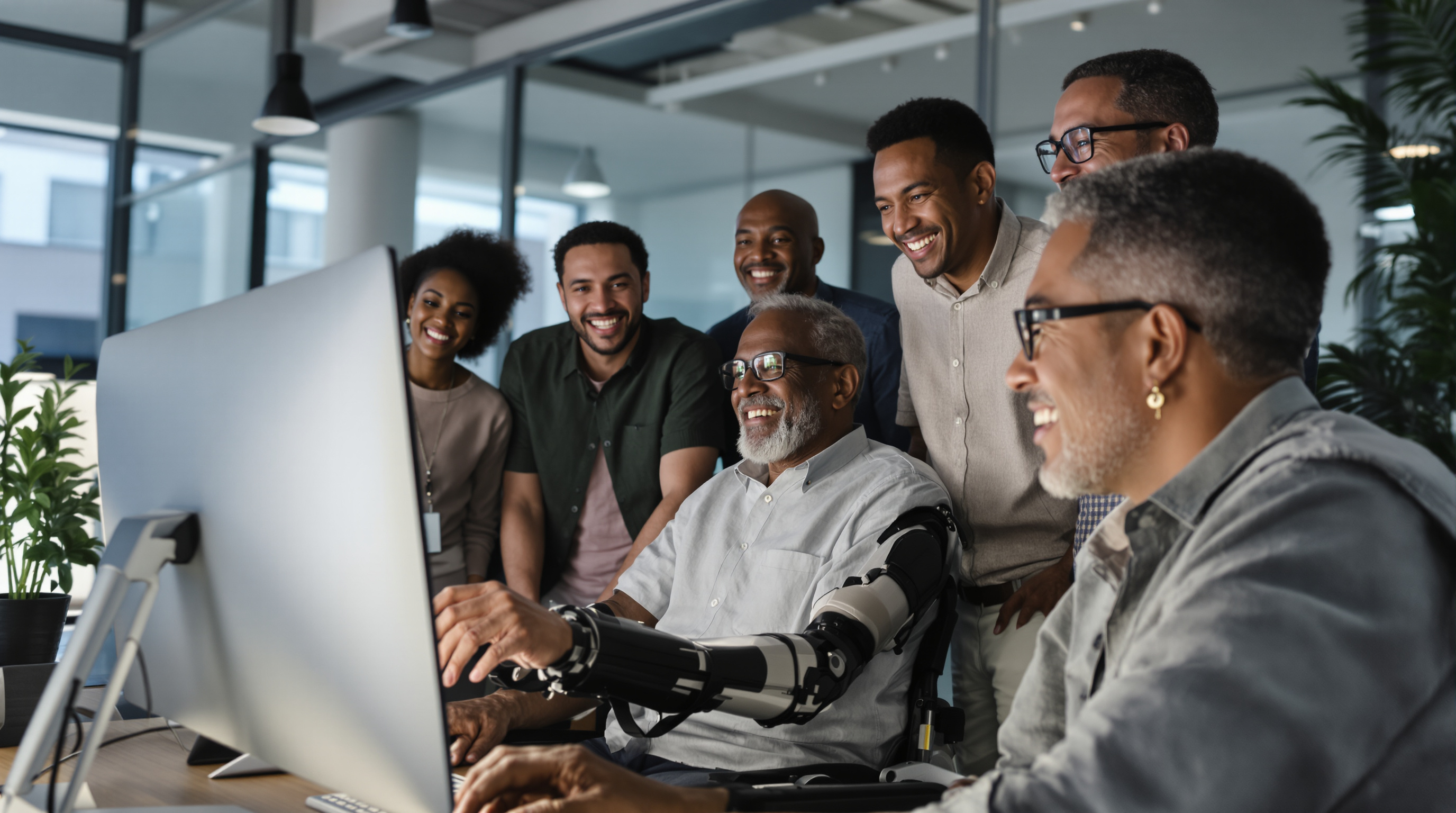 Un groupe de personnes diverses collaborant devant un écran, inclusion et intelligence collective en action.
