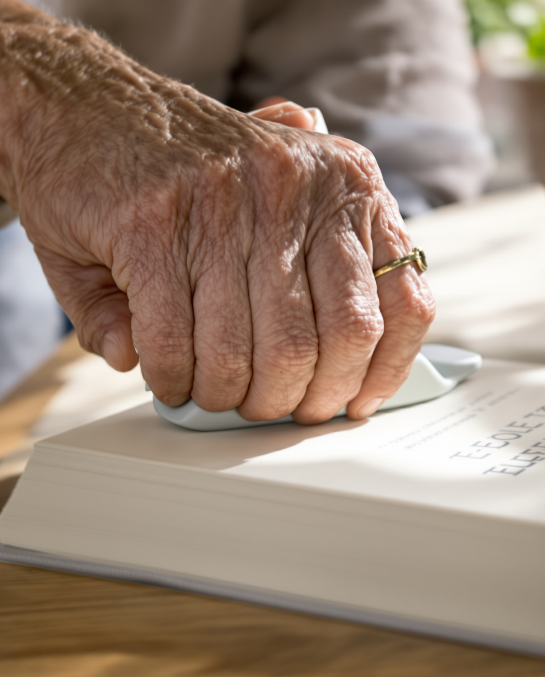 Main âgée utilisant une pince de préhension pour attraper un livre