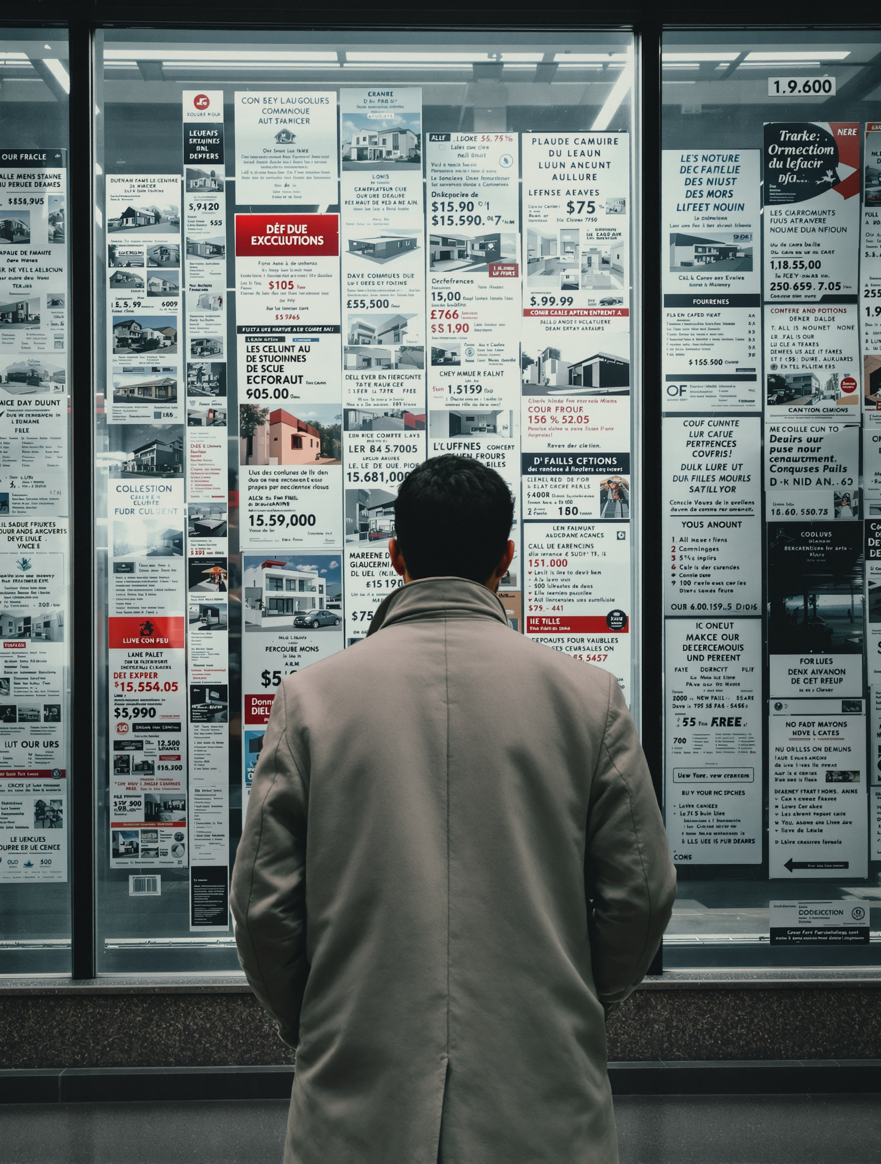 Personne vue de dos observant un mur d'annonces immobilières, ambiance sobre.