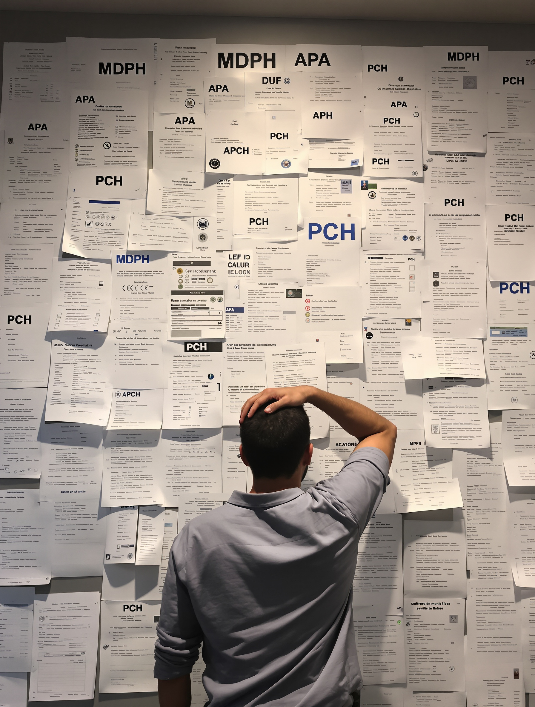 Une personne regarde un mur couvert de formulaires administratifs complexes et de sigles comme MDPH, APA, PCH