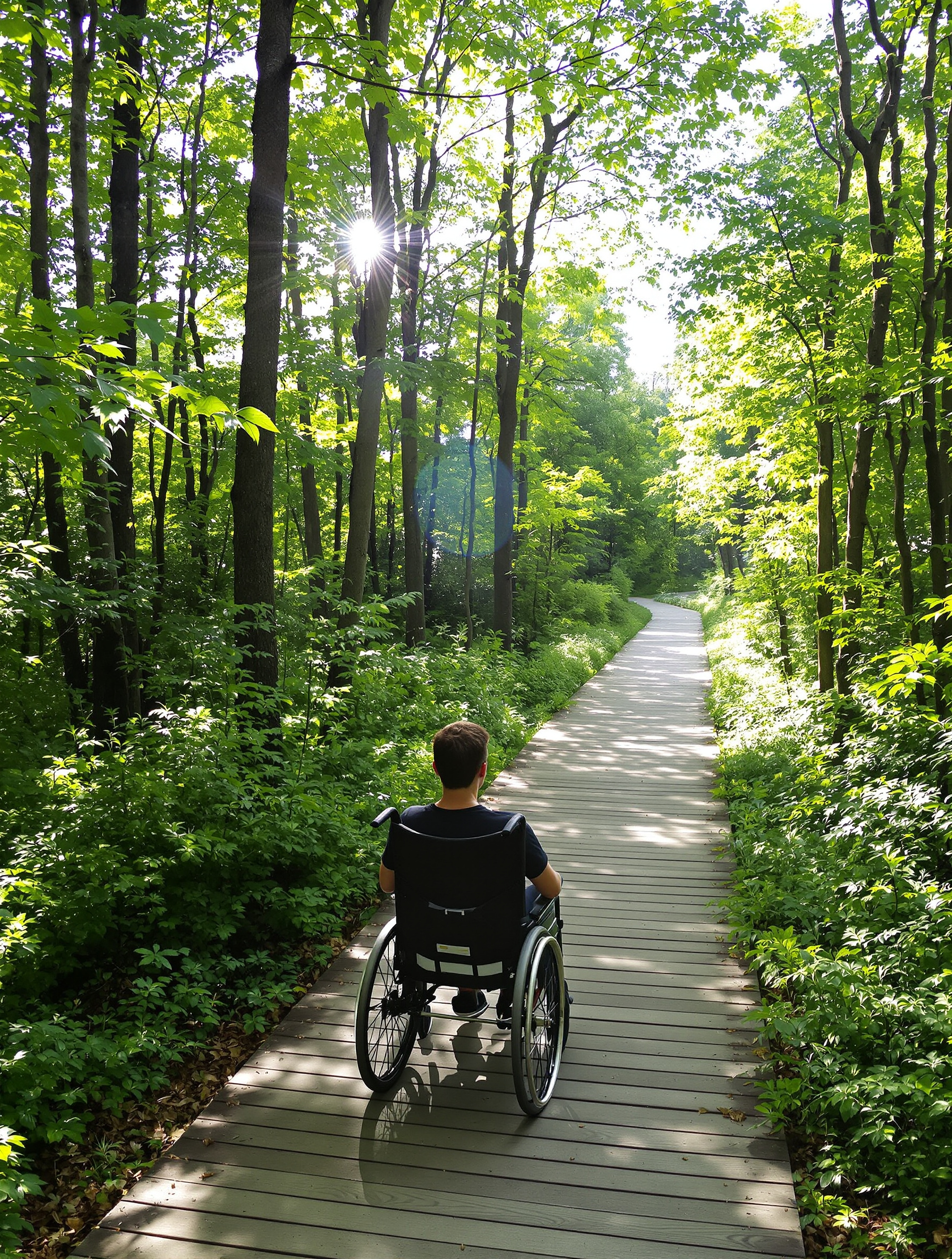 Personne en fauteuil roulant profitant d'un sentier accessible en pleine nature