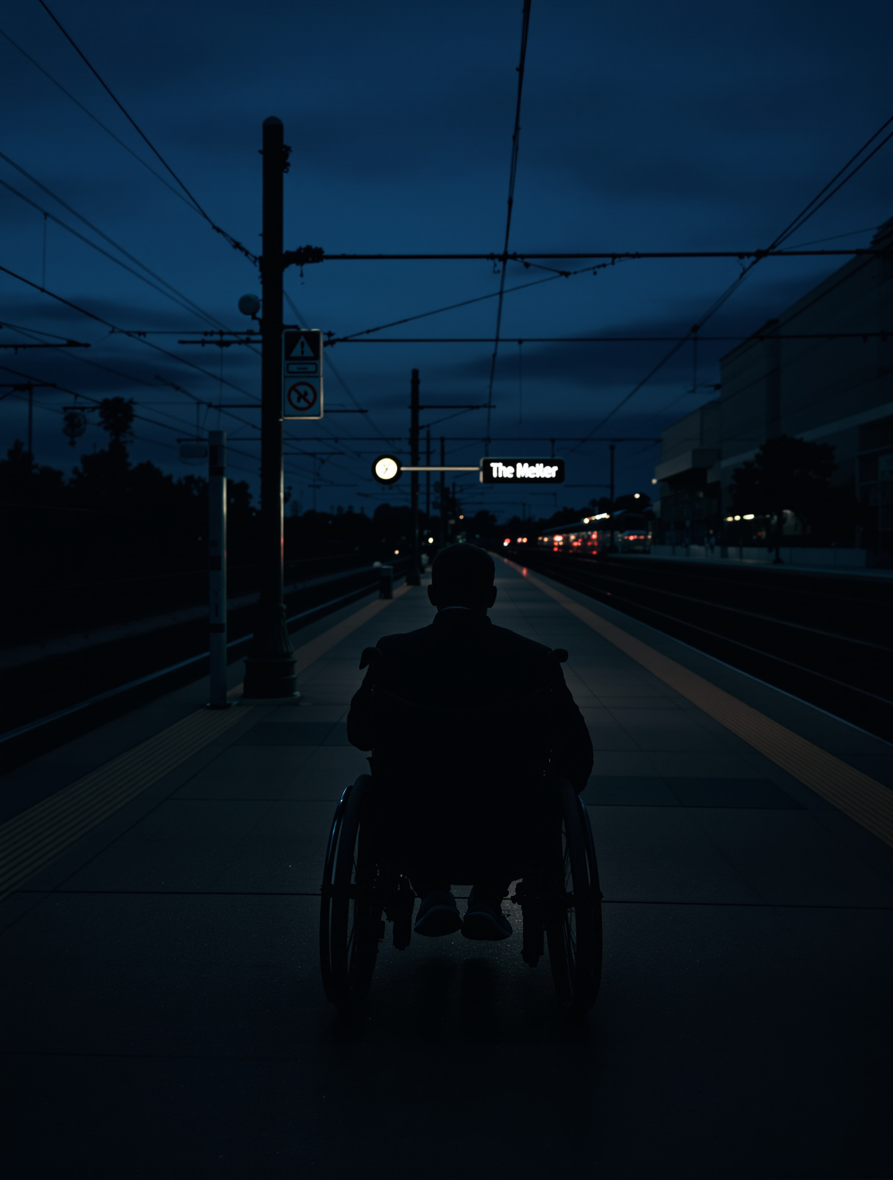 Personne en fauteuil roulant seule sur un quai de gare au crépuscule