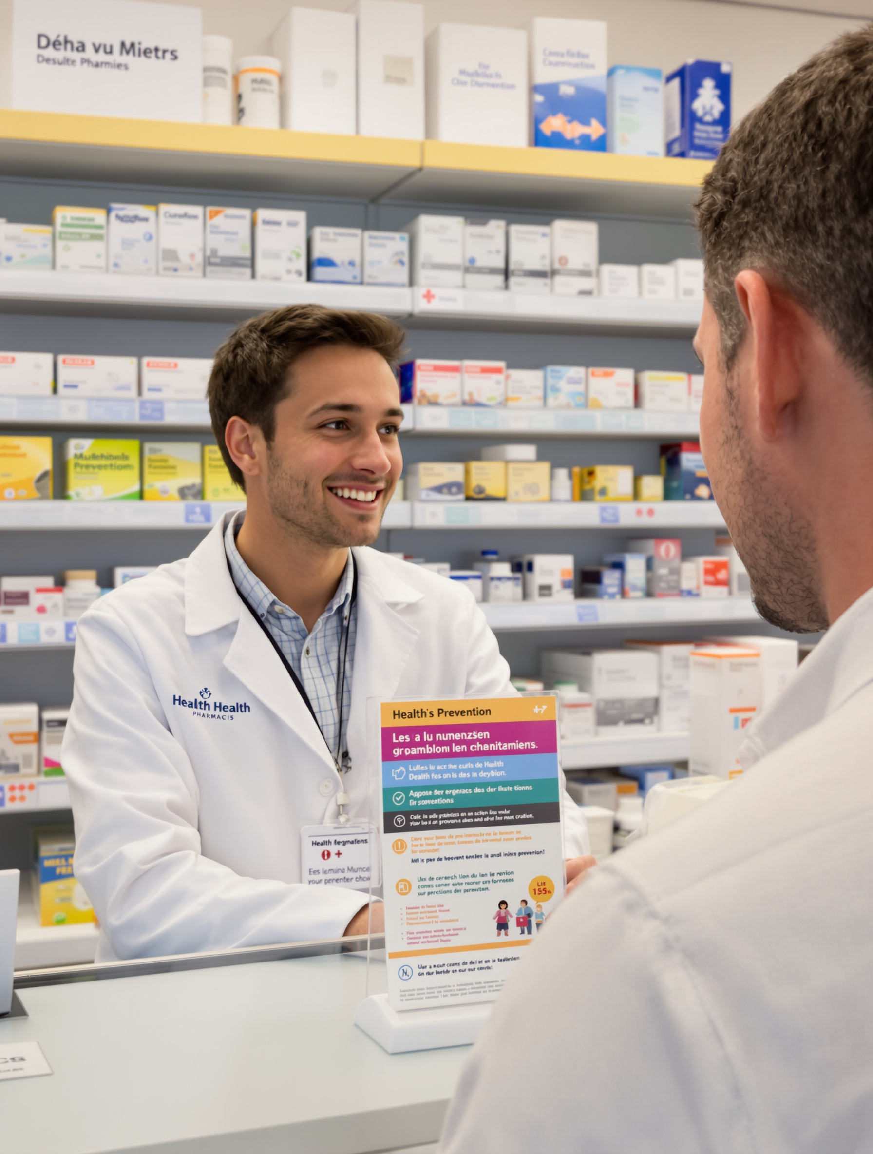 Un jeune adulte pose une question à une pharmacienne souriante devant un comptoir, avec un dépliant de prévention santé visible.