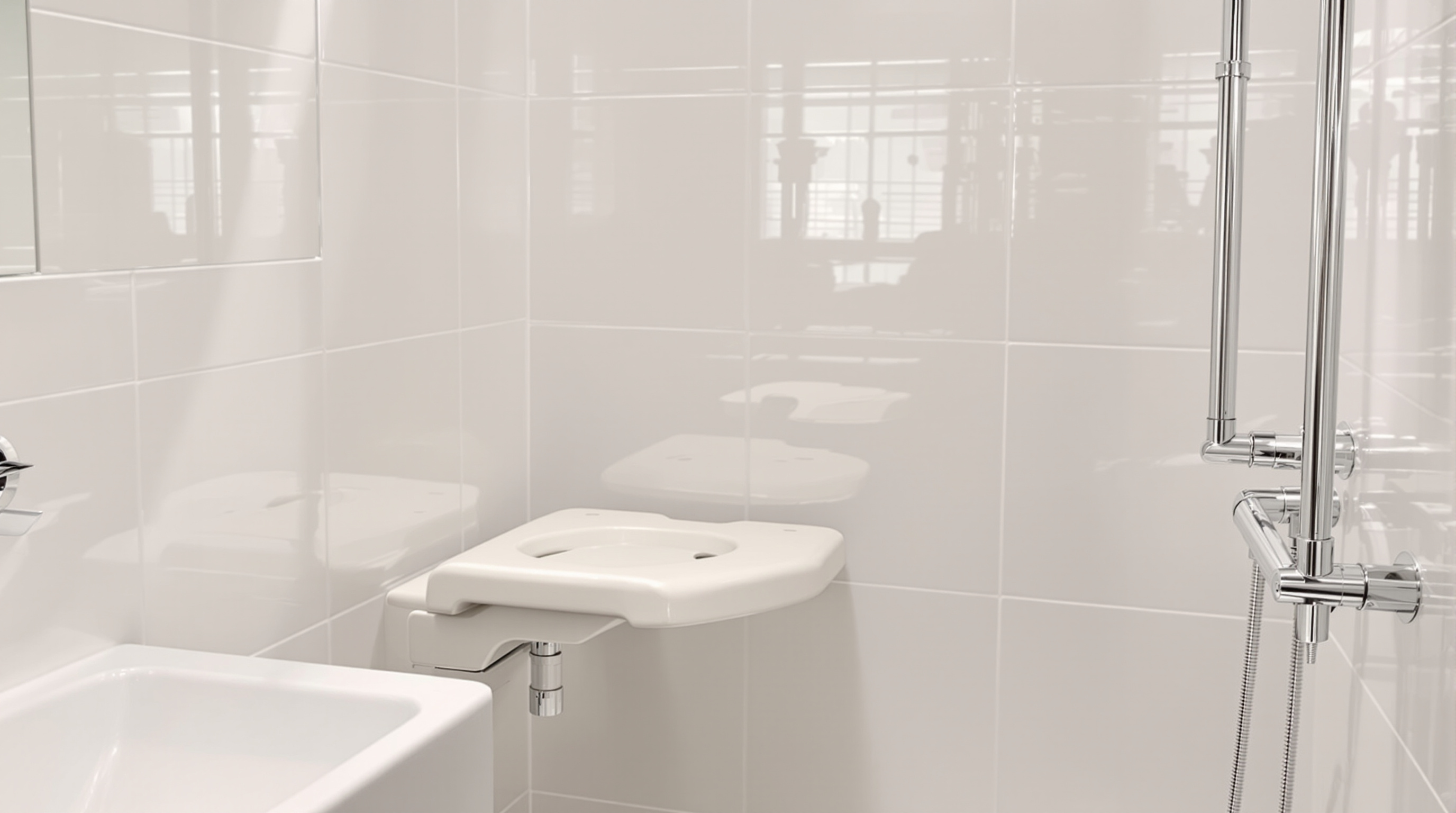 Siège de douche mural moderne avec barres d'appui chromées dans une salle de bain design