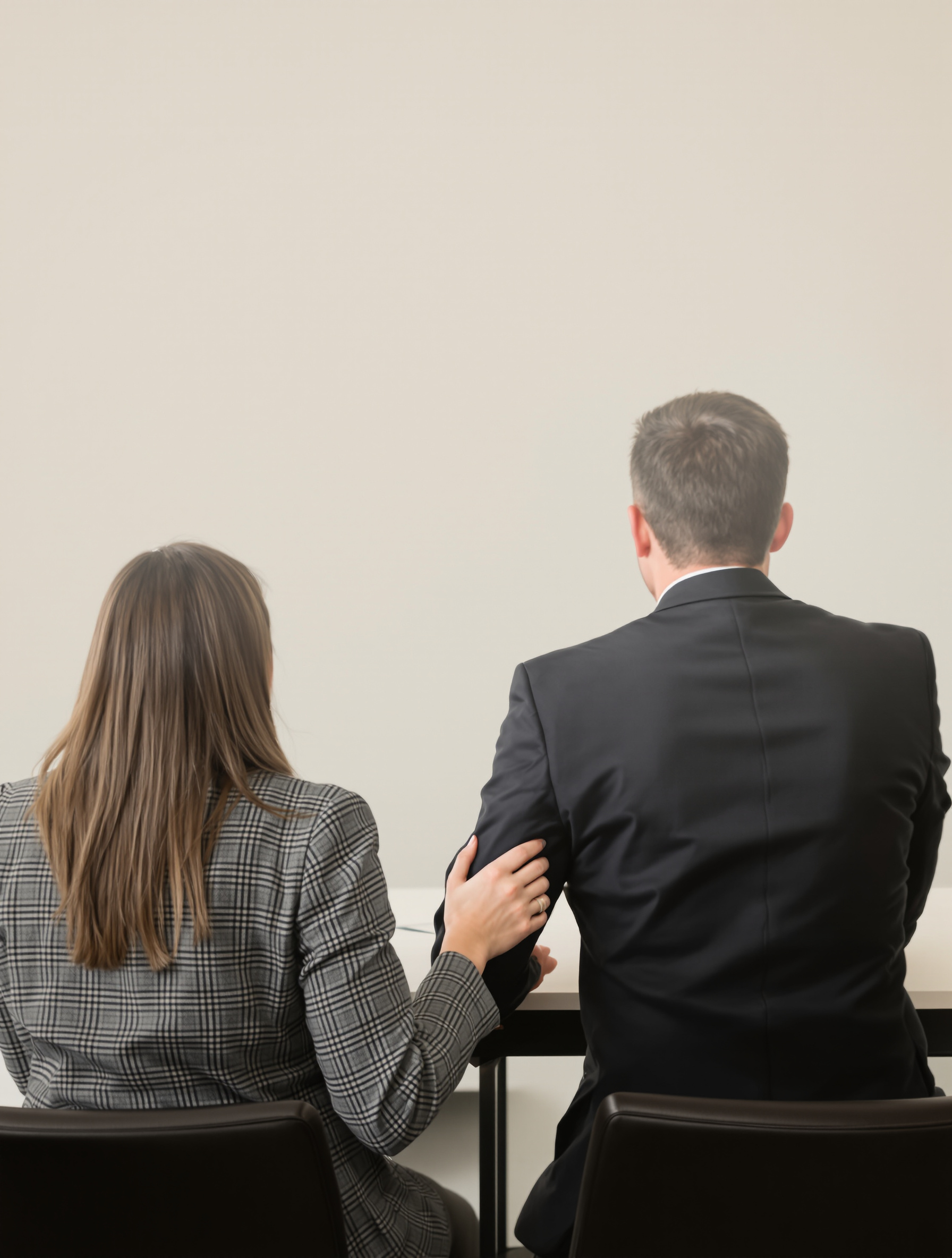 Deux personnes assises côte à côte à une table, vues de dos, face à un bureau vide. Une personne a une main rassurante sur le bras de l'autre. La scène est sobre, professionnelle et symbolise le soutien et la solidarité.